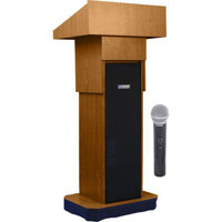 AmpliVox SW505A Wireless Executive Adjustable Height Sound Column Lectern with 50W Amplifier Built in Receiver Wireless Handheld Mic Mahogany
