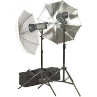Interfit Photographic Stellar Halogen 1300 Watt, Two Head Umbrella Kit with Stands, 2,600 Watt Total Output