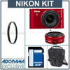 Nikon 1 J1 Mirrorless Digital Camera Two-Lens Wide Angle Kit with Nikon 1 10mm f/2.8 Lens &amp; Nikon 1 10-30mm VR Zoom Lens - Red - Bundle - with 32GB SDHC Memory Card, Camera Bag, Tiffen 40.5mm Ultra Violet Filter