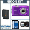 Nikon Coolpix S3300 Digital Camera kit - Purple - with 8GB SD Memory Card, Camera Case, Adorama Cleaning Kit