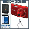 Nikon Coolpix S4100 Digital Camera Kit - Red - with 4GB SD Memory Card, Camera Case, Table Top Tripod
