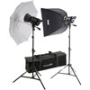 Interfit Photographic INT187 Stellar X 500 Watt Tungsten Photo Flood Twin Head Kit, with Softbox, Umbrella, Stands &amp; Lamps, 3200k Color Temperature