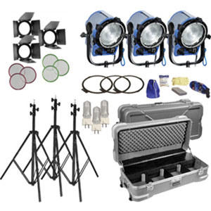  Arri T1 3,000 Watt Tungsten Fresnel 3-Light Kit with Bulbs, Accessories and Heavy Duty Case with Wheels, 120VAC 