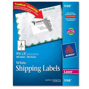  Avery Dennison White Shipping Labels for Laser Printers 5168, 3-1/2" x 5", Box of 400 