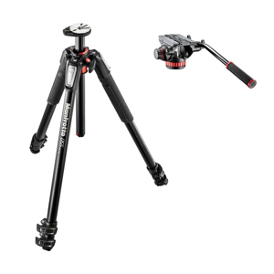  Manfrotto 055XPRO3 Black Aluminum Tripod with MVH502AH Pro Video Head with Quick-Release and Flat Base 