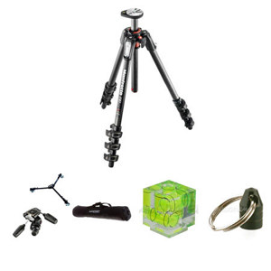 Manfrotto MT190CXPRO4 Carbon Fiber 4-Section Tripod with Horizontal Column, 63" Max Height - Bundle With Bogen 804RC2 Pan-Tilt Head W/Quick Release, VT-2 Universal Tripod Dolly, FP 30" Deluxe Tripod/Lightstand Case, Triple Bubble Level, Tripod Hanger
