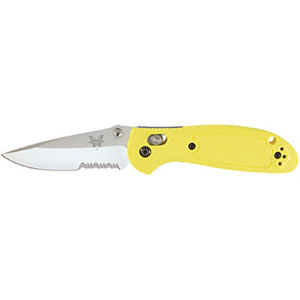  Benchmade 556 Mini-Griptillian AXIS ComboEdge Serrated Knife with Drop-Point Satin Finish Blade, Pardue Design, Thumb Stud Opener, Yellow 