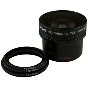  Bower 0.16x58mm Super Wide Fisheye Lens with 52-58mm, 62-58mm and 67-58mm Adapters Rings, Black 