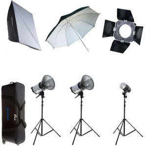  Flashpoint 3 Monolight Strobe Outfit with Stands, Umbrella, Soft Box, Barn Doors & Large Carrying Case 