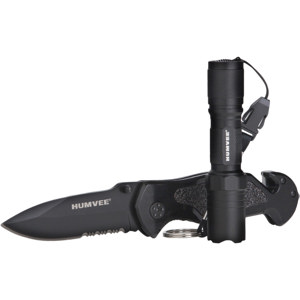  Humvee Gear Emergency / Rescue Combo, Folding Knife with 3.25" Black Steel Serrated Blade, Overall Length 8" & 1/2 watt LED Flashlight, 4" Overall Length 
