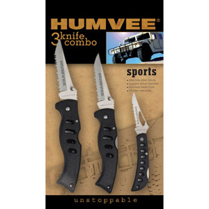  Humvee Gear Three Piece Sport Knife Combo, Three Folding Pocket Knives with Chrome Full Serrated Steel Blades, Small, Medium & Large 