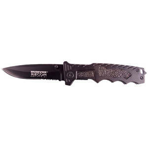 Humvee Gear Tactical Recon Folder #01, Folding Knife with 3.65" Black Partially Serrated Steel Blade, & Black Handle, Overall Length 8.5" 