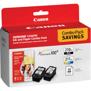  Canon Combo Value Pack with PG210XL Extra Large Black Inkjet Cartridge, CL211XL Extra Large Color Inkjet Cartridge, & 50 Sheets of 4x6" Photopaper 