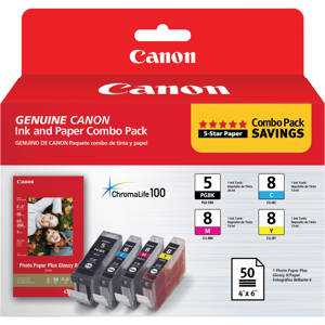  Canon Combo Pack, PGI-5 Black / CLI-8 CMY with PP-201 4x6" Glossy Inkjet Photo Paper, 50 Sheets 