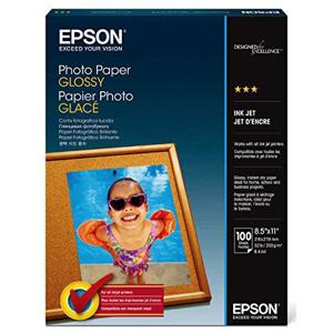  Epson Glossy Photo Bright White Inkjet Paper, 9.4 mil., 8.5x11", 100 Sheets 
