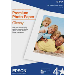  Epson Premium Glossy Resin Coated Inkjet Paper, 10.4 mill., A3 Size (11.7x16.5"), 20 Sheets. 