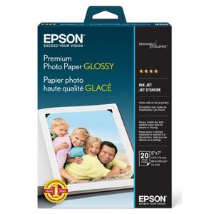  Epson Premium Borderless, Glossy Photo, Resin Coated Inkjet Paper, 5x7", 20 Sheets. 