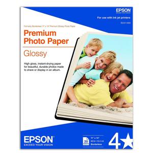 Epson Premium Glossy Resin Coated Inkjet Paper, 11x14" Borderless, 20 Sheets, 