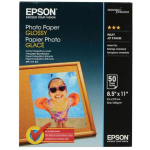  Epson Glossy Photo Bright White Inkjet Paper, 9.4 mil., 8.5x11", 50 Sheets 