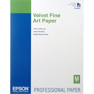  Epson Velvet, Enhanced Matte Archival Fine Art Inkjet Paper, 19 mil., 260gsm, 17x22", 25 Sheets 