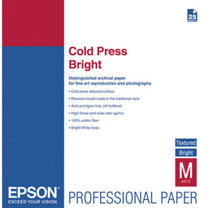  Epson Cold Press Bright Fine Art Textured Matte Cotton Rag Inkjet Paper, 21 mil., 340 g/m2, 17x22", 25 Sheets 