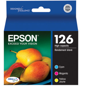  Epson 126 Combo-Pack Ink Cartridges are for use with  WorkForce 520, 630, 633 and 635 all-in-one printers. The package contains cyan, magenta, yellow DURABrite ink cartridges (one of each color). 