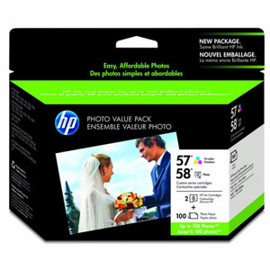  HP 57/58 Series 4x6" Inkjet Photo Value Pack, 100 Sheets, with 2 Ink Cartridges 