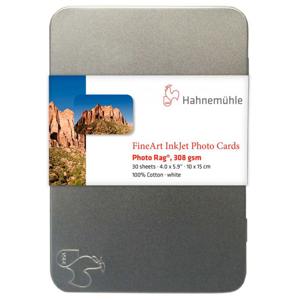  Hahnemuhle FineArt Photo Rag 308, Bright White Matte Inkjet Photo Cards, 308gsm, 18.9mil., 4x6", 30 Sheets in a Tin Box. 