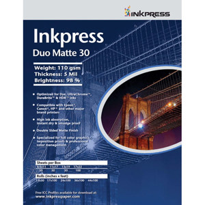  Inkpress Duo Matte 30 Inkjet Paper, 110 gsm Weight, 5 mil Thickness, 99% Brightness, Double Sided, 17x22", 50 Sheets 