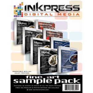  Inkpress Pro Fine Art Sample Pack, Two 8.5x11" Sheets each of Warm Tone Rag, Cool Tone Rag , Warm Tone Baryta, Fiber Satin, Pro Gloss, Pro Silky, and Metallic 