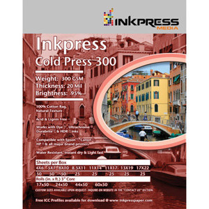  Inkpress Cold Press 300 24"x50' Photo Paper Roll, 20 Mil 