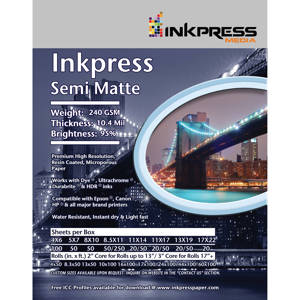  Inkpress Semi Matte 250 Inkjet Photo Paper, 10.4mil, 250gsm, 90% Bright, 24"x100' Roll 