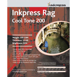  Inkpress Rag Cool Tone, Double Sided Bright White Cotton Inkjet Paper, 16 mil., 200gsm, 5x7", 50 Sheets 