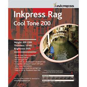  Inkpress Rag Cool Tone, 200gsm Double Sided Bright White Matte Cotton Inkjet Paper, 16 mil., 8x8", 25 Sheets. 