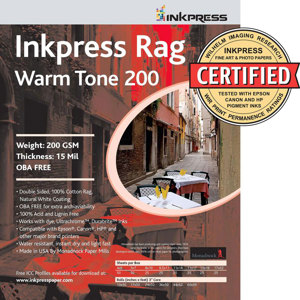  Inkpress Rag, Warm Tone Double Sided, Cream White Matte Inkjet Paper, 15 mil., 200gsm, 11x14", 25 Sheets 