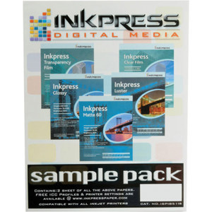  Inkpress ISPI8511A Industrial / EDU Media Sample Pack - Contains 2 Sheets Each of the Following: Transparency Film, Clear Film, Glossy Paper, Matte 60 Paper, & Luster Paper 