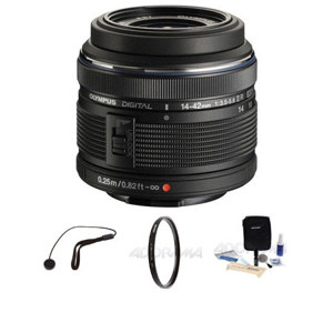  Olympus M. Zuiko Digital 14-42mm f/3.5-5.6 II R Lens - Black - for Micro Four Thirds System - Bundle - with Tiffen 37mm UV Filter, Lens Cap Leash, Professional Lens Cleaning Kit 