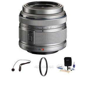  Olympus M. Zuiko Digital 14-42mm f/3.5-5.6 II R Lens - Silver - for Micro Four Thirds System - Bundle - with - Bundle - with Tiffen 37mm UV Filter, Lens Cap Leash, Professional Lens Cleaning Kit 