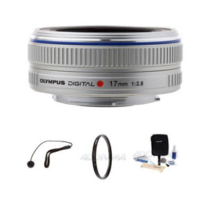  Olympus M. Zuiko Digital 17mm f/2.8 - Silver - for Micro Four Thirds System - Lens Bundle - with Tiffen 37mm UV Filter, Lens Cap Leash, Professional Lens Cleanin Kit 
