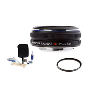 Olympus Zuiko 25mm f/2.8 Digital Lens Kit, for E Series DSLRs - (Four Thirds System) with Tiffen 43mm UV Glass Filter, Adorama Digital Camera & Lens Cleaning Kit, 