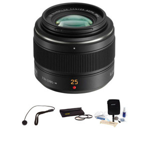 Panasonic 25mm f/1.4 Leica DG Summilux Aspherical Lens for Micro 4/3 System - Bundle - with Tiffen 46mm Photo Essentials Filter Kit, Lens Cap Leash, Professional Lens Cleaning Kit 