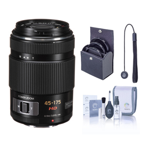  Panasonic 45-175mm F/4.0-5.6 Lumix GX Vario Power OIS Zoom Lens - Black, for Micro Four Thirds Lens Mount Systems - Bundle - with Tiffen 46mm UV Filter, Lens Cap Leash, Professional Lens Cleaning Kit 