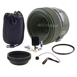 Sony 50mm f/2.8 a (alpha) Mount Digital SLR Macro Lens - Bundle - with Slinger Neoprene Lens Pouch, Pro Digital 55mm MC UV Filter, Adorama 55mm Rubber Lens Hood, Cleaning Kit for Optics and Cameras & CapKeeper CK2 Lens Cap Leash
