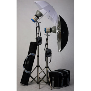  JTL DL-800 Mobilight Umbrella Kit with 2 Monolights 401's, 7" Reflectors, Two 8.5' AC Light Stands, 33" White & 36" Silver Umbrellas, Lighting & Stand Cases 