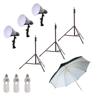  Adorama Studio Lighting Kit with 3 - Light Stands, 6" Reflectors, Fluorescent Bulbs 5500k, 