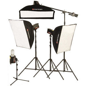  Norman ML-KIT2000 4 Light Studio 3 Softbox Kit with 2 ML600 & 2 ML400 Monolights, 3 Softboxes with Rings, Boom Arm, Light Stands, & BG Light Reflecor 