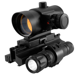  NcSTAR 1x 40mm Special Operations Riflescope, Matte Black Finish with Red Dot Reticle, Mounted Red Laser and Tactical 65 Lumen LED Flashlight 