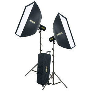  Novatron M150, 300 w/s 2 Monolight Kit with Wheeled Case, 2 150w/s Monolights, Soft Boxes & Stands 