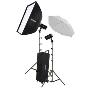  Novatron M300 & M500, 800 w/s 2 Monolight Kit with Wheeled Case, 1 300w/s Monolight, 1 500w/s Monolight, Softbox, Umbrella & Stands 