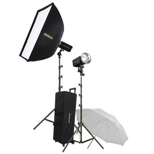  Novatron M500, 1000 w/s 2 Monolight Kit with Wheeled Case, 2 500w/s Monolights, Softbox, Umbrella & Stands 